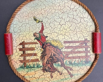 Vintage Bucking Bronco Western Cowboy Horse Tray Round Wood Tope Rim Red Handles