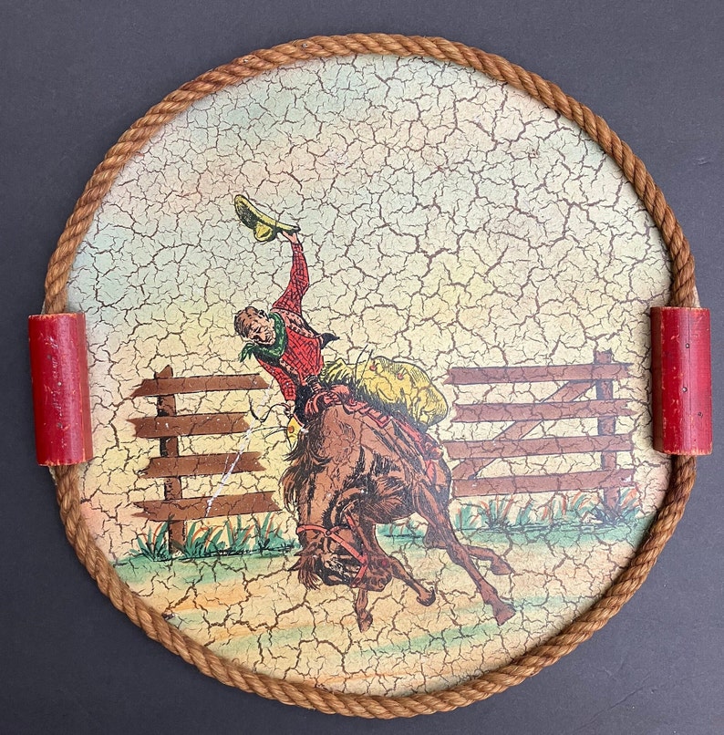 Vintage Bucking Bronco Western Cowboy Horse Tray Round Wood Rope Rim ...