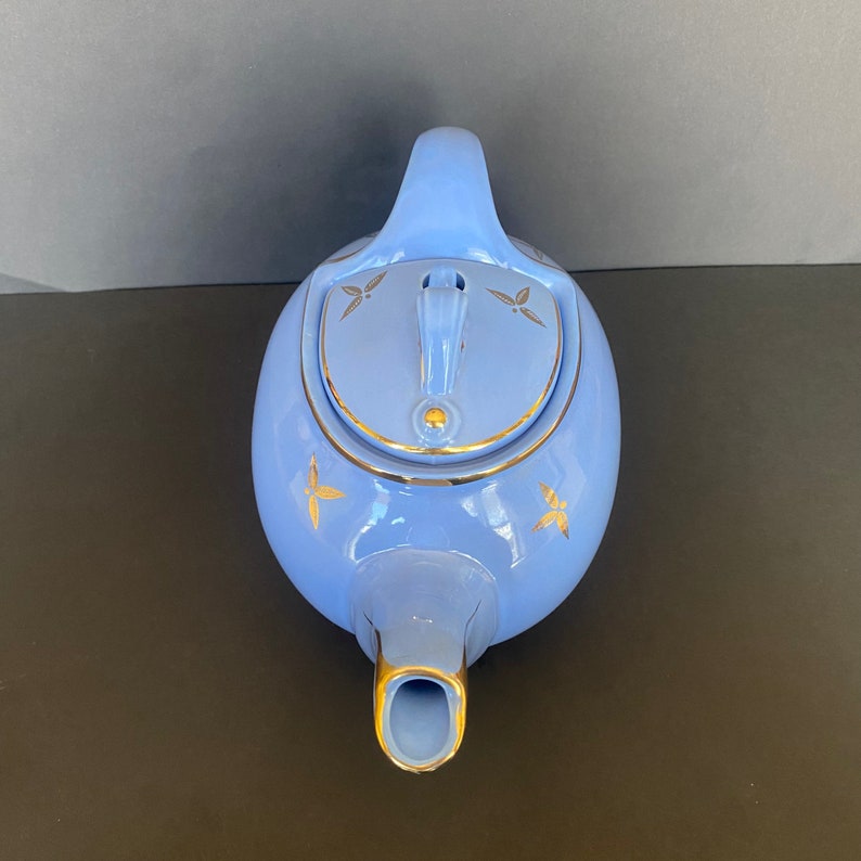 Vintage Hall Cadet Blue Cornflower Blue Teapot With Gold Decorations