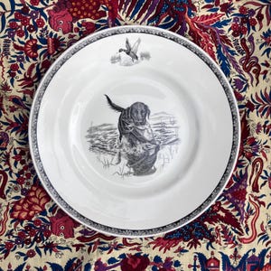Könnte beinhalten: Weißer Keramikteller mit einer Schwarz-Weiß-Illustration eines Hundes, der eine Ente aus dem Wasser holt. Der Teller hat einen dekorativen Rand und ein Entenbild oben. Klassisches Design.