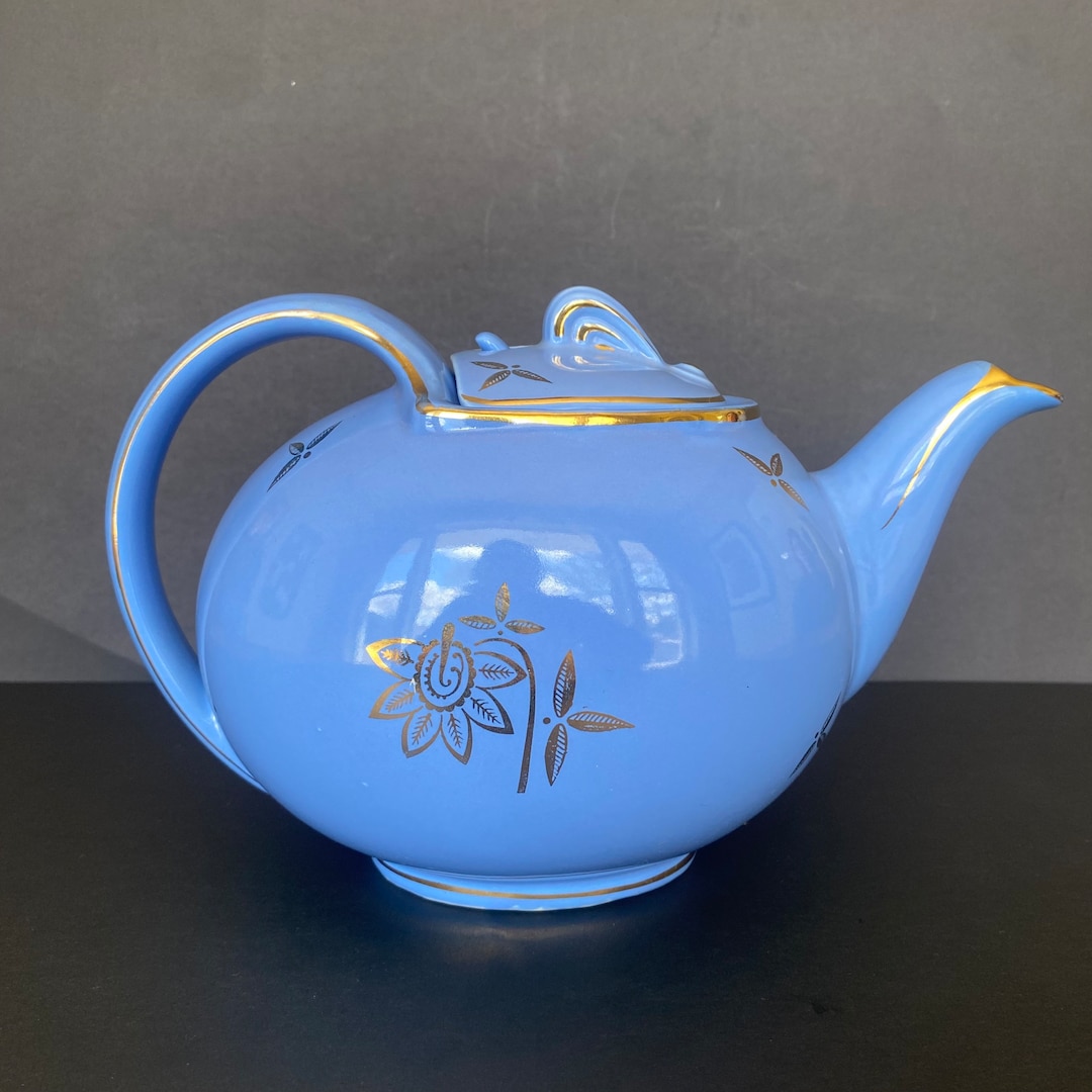 Vintage Hall Cadet Blue Cornflower Blue Teapot With Gold Decorations