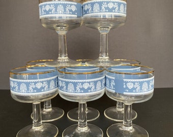 Vintage Mid-Century Jeanette Champagne Coupes Wedgwood Blue Jasperware Gold Trim Barware Set of 8