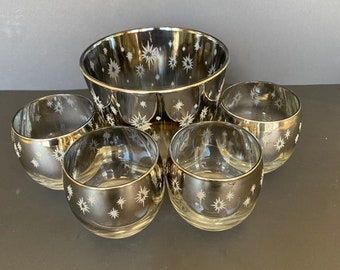 Vintage Ice Bucket Cocktail Glasses Atomic Starburst Silver Fade Vitreon Queens Lusterware Set of Four Roly Poly Glasses