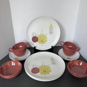 Joan Lutz Brookpark Fantasy Brown and Gold Melmac Melamine Plates Bowls Coffee Cups Four Place Settings