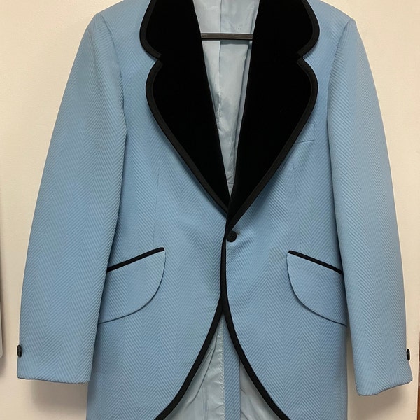 Groovy retro powder blue tuxedo coat with black velvet lapel vintage After Six formal wear