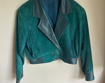 Vintage Green Suede and Leather Cropped Jacket Shoulder