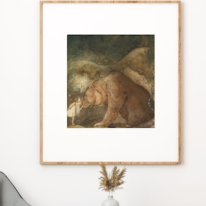 She Kissed the Bear On the Nose, Fine Art Print, John Bauer Vintage Illustration, Children&#39;s Room Art Print, Kids Room Wall Decor Fairy Tale