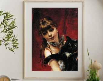 Op de afbeelding: Een schilderij van een jong meisje met lang bruin haar dat een zwarte kat vasthoudt. Het meisje draagt een witte jurk en een witte sjaal. De achtergrond is donkerrood.