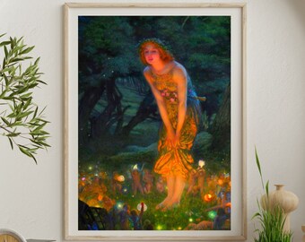 Midsummer Eve, Fine Art Print, Vintage Fairy Forest, Beautiful Boho Painting of Girl in Forest with Fairies, Bohemian Art Work for Home