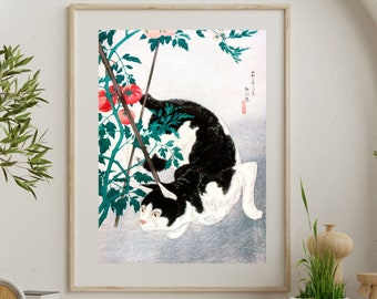 Gato com planta de tomate, impressão de belas artes, impressão de arte japonesa vintage com gatinho preto e branco, arte de amante de gatos, decoração de parede japonesa felina