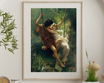 Springtime, Fine Art Print, Two Young Lovers Embracing on Swing, Beautiful Vintage Painting, Romantic Wall Decor for Home, Antique Art Love