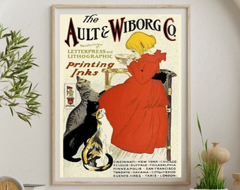 Publicité vintage pour Ault et Wiborg, impression d'art, Art nouveau, fille buvant du lait avec trois chats en train de regarder, art amoureux des chats, art déco