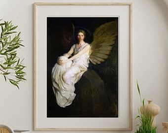 May include: A framed painting of a woman with wings sitting on a rock. The woman is wearing a white dress and has a halo around her head. The background is dark and the painting is in a simple wooden frame.