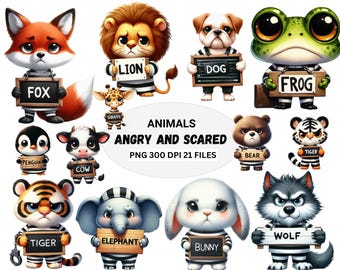 Angry Woodland Animals Clipart Bundle, Funny Cartoon PNG (Digital Download)