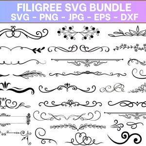 Puede incluir: Un paquete SVG digital de filigranas con varios elementos decorativos negros. Los diseños incluyen espirales, acentos florales y bordes, perfectos para proyectos de manualidades digitales. El texto "FILIGREE SVG BUNDLE" está en la parte superior.