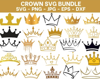 May include: A collection of various crown designs in gold, black, and brown. The crowns are in different styles, including simple outlines and more detailed illustrations. The image includes the text "CROWN SVG BUNDLE" at the top.