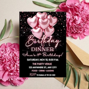 Editable Pink Birthday Dinner Invitation, Surprise Dinner Celebration, Luxury Dinner Party Invite, Digital Glam Invitation
