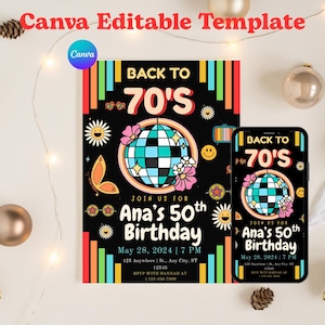 70s Birthday Party Invitation, Printable 70s Disco Invitation, Back to 70s 80s 90 Retro Invitation, Editable Canva Invitation