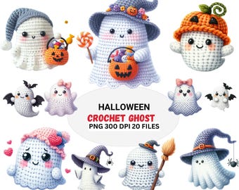 May include: A collection of adorable crochet ghosts in various Halloween costumes. Some ghosts wear hats, carry candy buckets, and have bat wings. The text "Halloween Crochet Ghost" is displayed in the image.