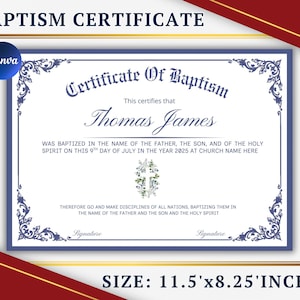 Puede incluir: Un certificado de bautismo con borde azul y detalles florales. El certificado dice "Certificate Of Baptism" e incluye el nombre "Thomas James". El documento mide 29,2 x 21 cm.
