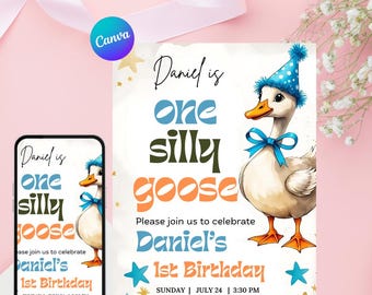 Silly Goose 1st Birthday Invitation, Whimsical Animals Party Invite (Digital Download)