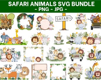 Safari Animals Bundle, Cute Jungle Line Art SVG, Baby Lion, Elephant, Giraffe, Monkey, Cricut & Silhouette Files, Kids Safari jpg png