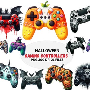 Peut inclure: Plusieurs manettes de jeu sur le thème d'Halloween. Les motifs incluent des chauves-souris, des citrouilles, des araignées et des chapeaux de sorcière. Les manettes présentent une variété de couleurs, notamment orange, noir, vert et violet. Le texte sur l'image indique "HALLOWEEN GAMING CONTROLLERS".