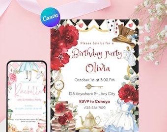 Alice in Wonderland Birthday Invitation, Tea Party (Digital Template)