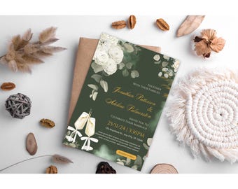Dark Green Floral Wedding Invitation Template, Boho Greenery Invite (Digital Download)