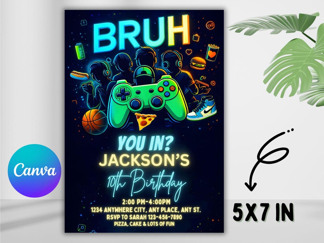 Neon Gamer Birthday Invitation | Editable Canva Template (5x7 In) - Etsy