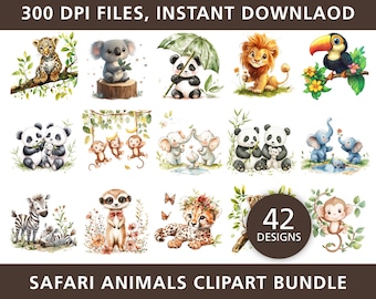 Baby Jungle Animals PNG Clipart, Safari Nursery Decor (Digital Download)