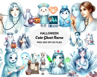 Halloween Ghost Nurse Clipart Bundle, Spooky Medical PNG (Digital Download)