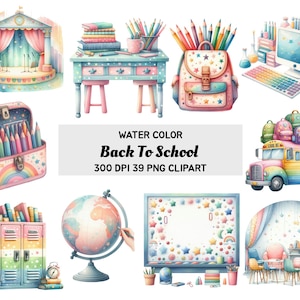 Watercolor Back to School Png Clipart, School Bus Clipart, Pencil Png, Kids School Clipart, School Supplies Png Bundle, Classroom Clipart