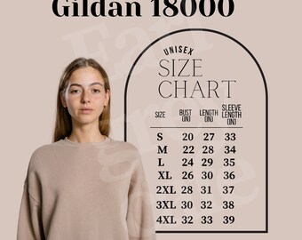 gildan 18000 size chart, Gildan size chart mock up, clothing size chart, sweatshirt size chart, sweatshirt mock up