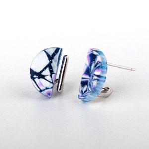 Blue White and Purple Semicircle Clay Earrings Sterling Silver Stud Handmade Stud Earrings Artistic Earrings Hypoallergen studs image 1