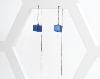 Navy Cube Threader Clay Earrings | Round Threader Earrings | Adjustable Earrings | Handmade Earrings