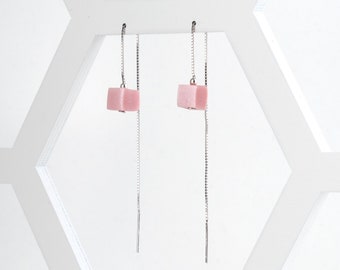 Pink Cube Threader Clay Earrings | Round Threader Earrings | Adjustable Earrings | Handmade Earrings