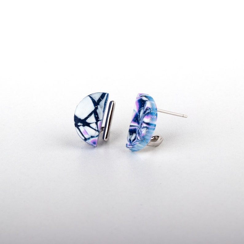 Blue White and Purple Semicircle Clay Earrings Sterling Silver Stud Handmade Stud Earrings Artistic Earrings Hypoallergen studs image 1