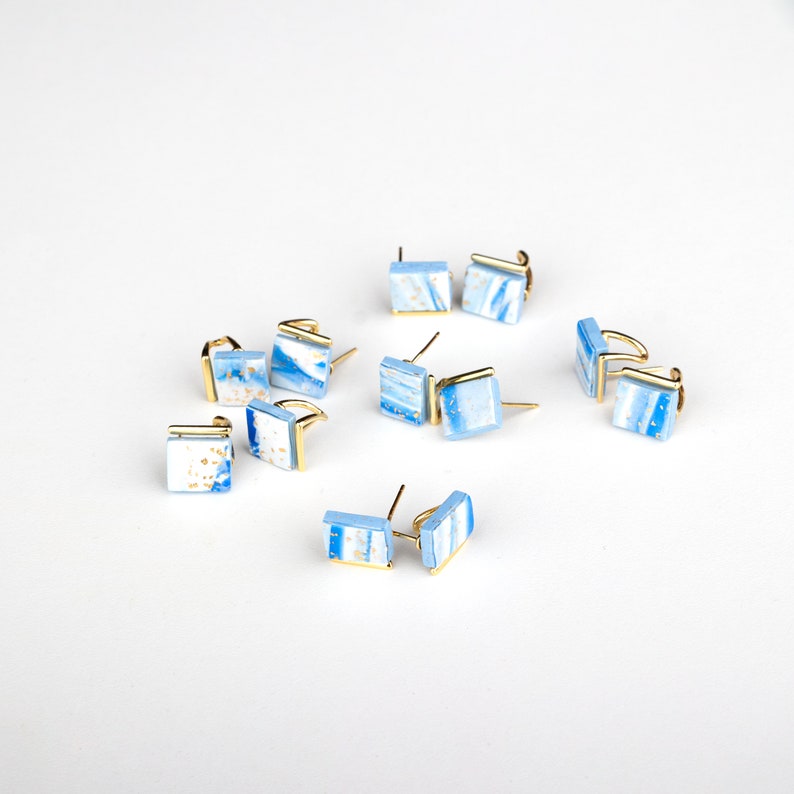 Blue Watercolour Square Stud Earrings Sterling Silver Stud Artistic Earrings Minimalist Earrings Hypoallergen studs image 2