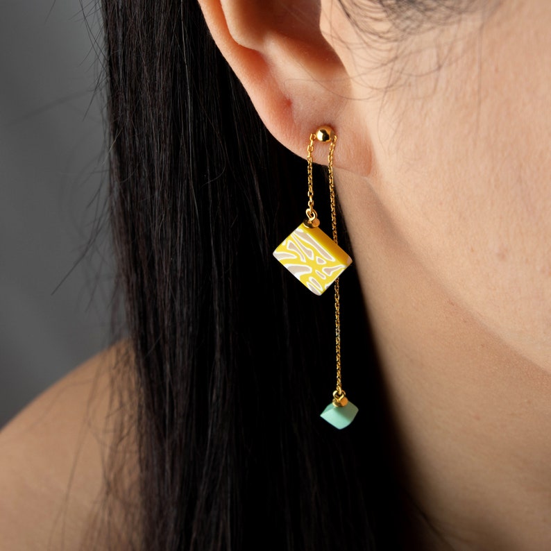 Artistic Geometric Yellow Clay Earrings Square Dangle Earrings Adjustable Earrings Boho Earrings Artistic Earrings image 6