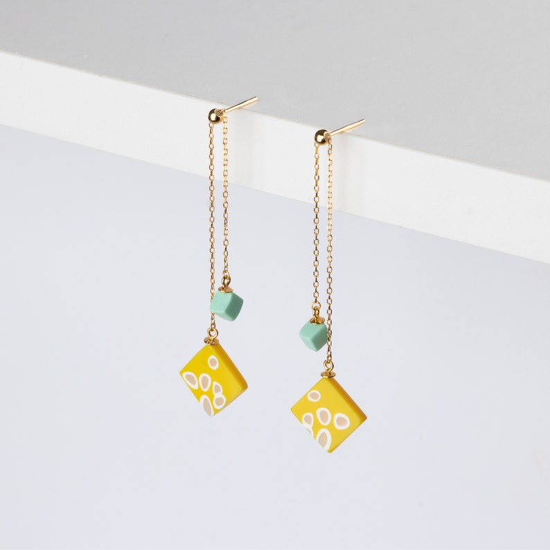 Artistic Geometric Yellow Clay Earrings Square Dangle Earrings Adjustable Earrings Boho Earrings Artistic Earrings image 2