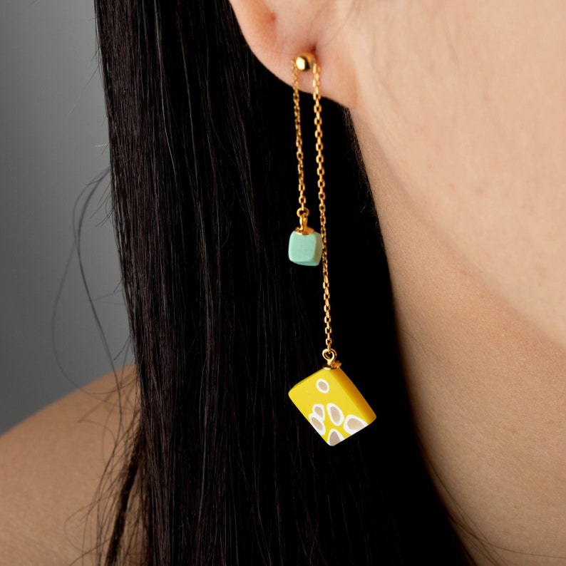 Artistic Geometric Yellow Clay Earrings Square Dangle Earrings Adjustable Earrings Boho Earrings Artistic Earrings image 5