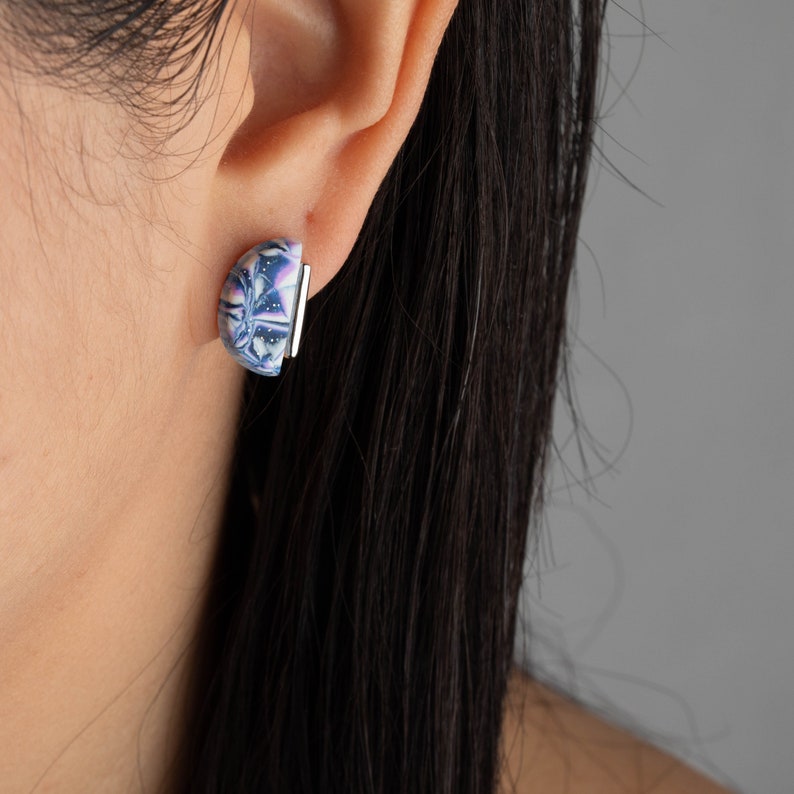Blue White and Purple Semicircle Clay Earrings Sterling Silver Stud Handmade Stud Earrings Artistic Earrings Hypoallergen studs image 3