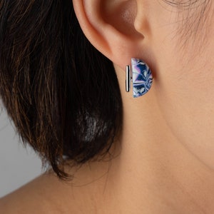 Blue White and Purple Semicircle Clay Earrings Sterling Silver Stud Handmade Stud Earrings Artistic Earrings Hypoallergen studs image 6