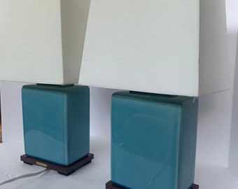 Ralph Lauren Square Table Lamps | USA Vintage | Blue Crackle Lamps | Contemporary Home