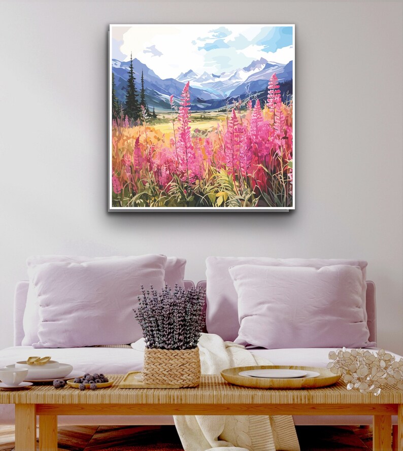 Alaska Fireweed Landscape Watercolor Mountain Vista Art Nature-inspired ...