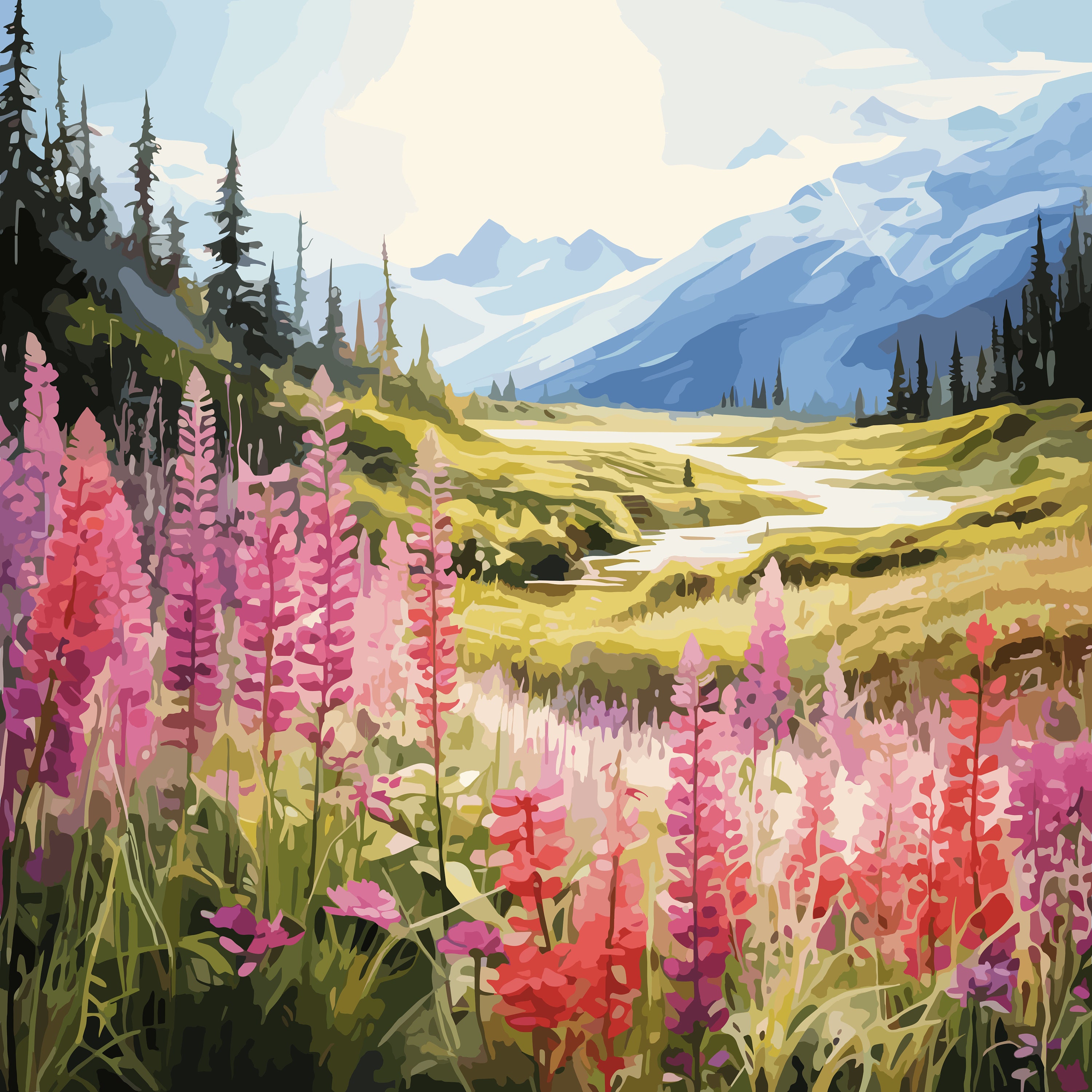 Alaska Fireweed Landscape Watercolor Mountain Vista Art Nature-inspired ...