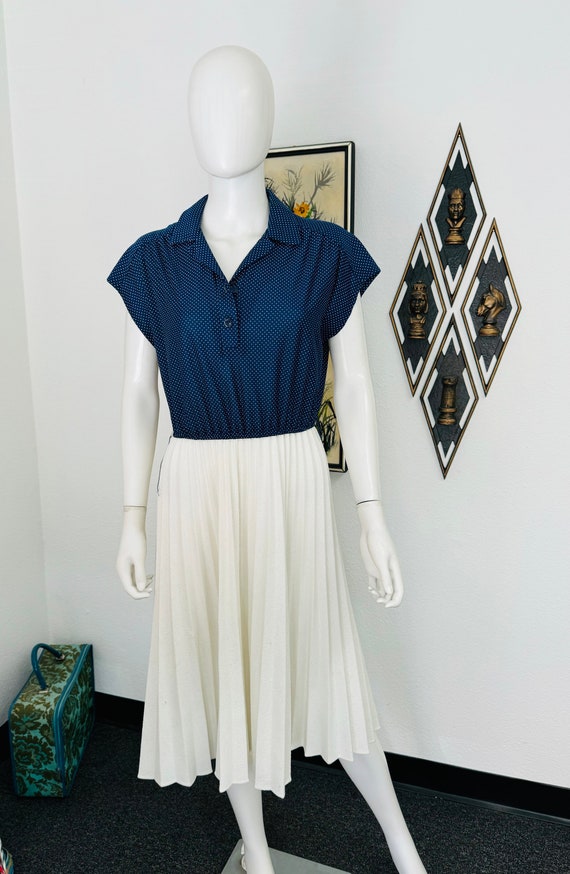 Vintage Pleated Skirt Dress With Navy Polka Dot Bl