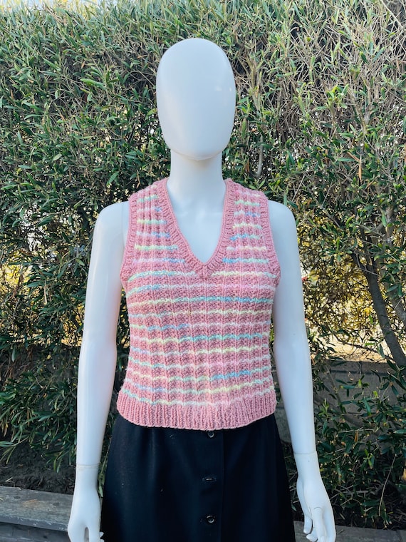 Hand Made Vest  Pink Striped Crocheted Vest Vintag