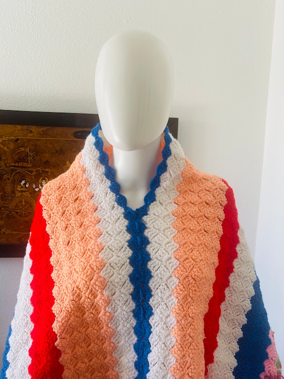 Hand Knit Striped Poncho/ Vintage Brightly Colored